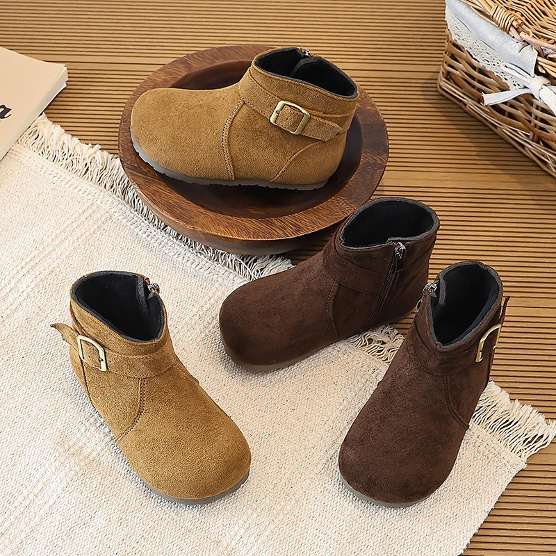 Little Girls Plush Lining Leather Boots 2026 New Winter Kids Fuzzy Ankle Boots Non-slip Simple Classic Retro Style School Party