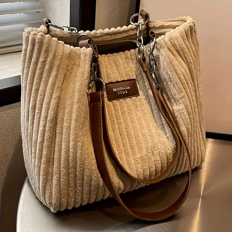 Borsa tote in velluto a coste di grande capacità, borsa a tracolla con catena per donna, fodera in poliestere, chiusura con zip, nero, beige, kaki, verde