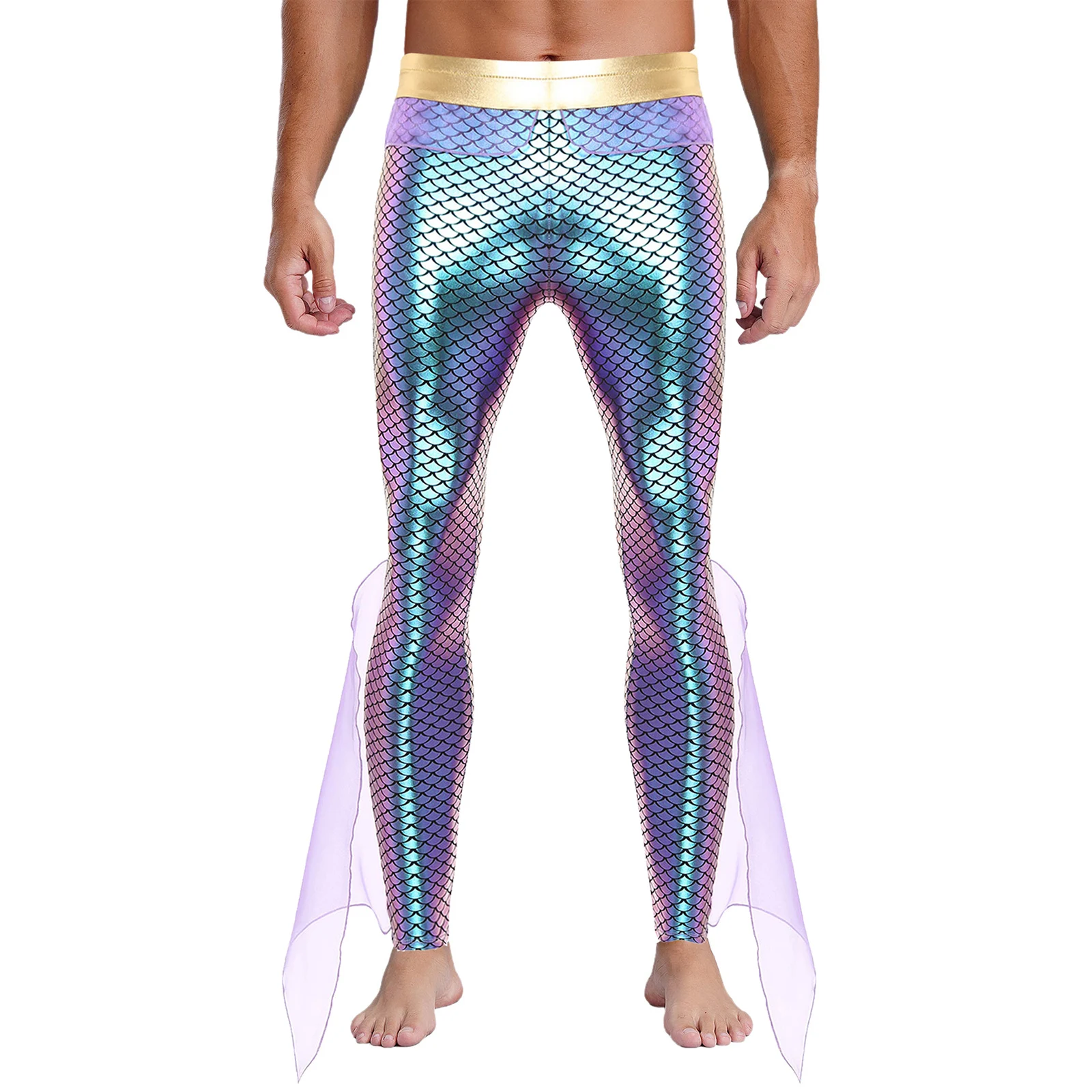 Disfraz de Poseidon King of The Sea para hombre, pantalones de sirena, mallas metálicas brillantes con estampado de escamas de pescado para fiesta de disfraces de Halloween