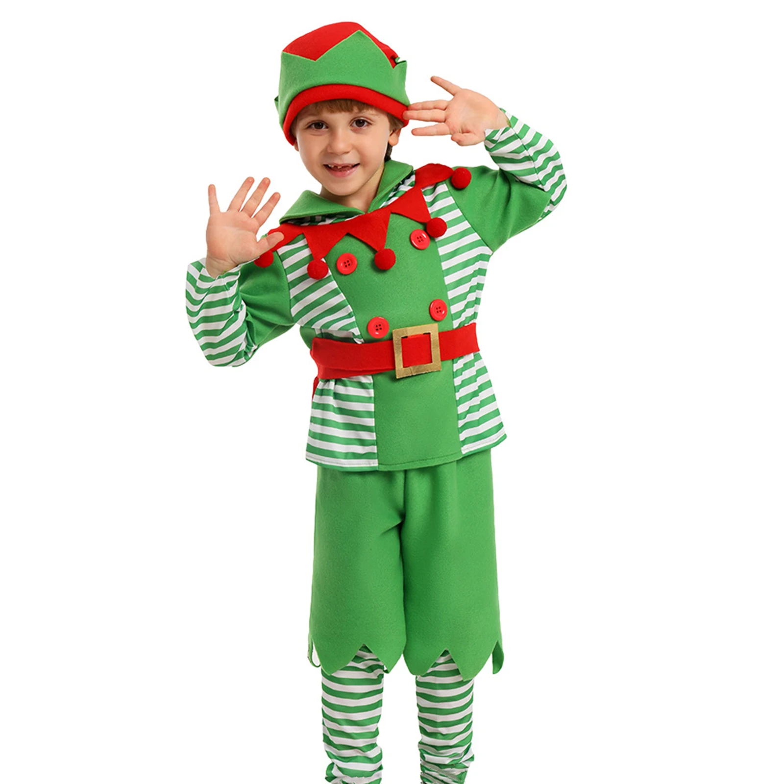 HEZIOWYUN Langarm-Tops + solide Shorts + gestreifte Beinwärmer + Gürtel + Hut Weihnachten Halloween Party Kid Elf Cosplay Kostüme Set