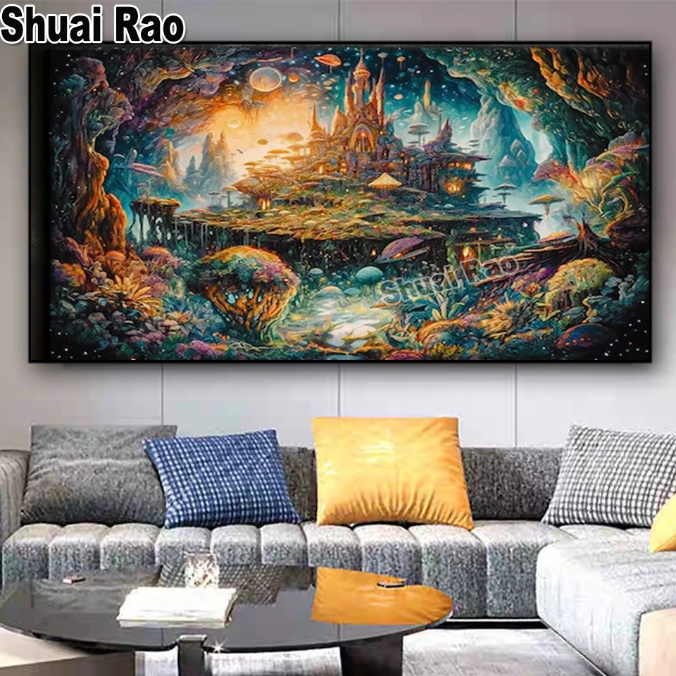 Fantasy Cave Landscape Diamond Mosaic Wizard Castle Art DIY Diamond Paitning, Mushroom Intricate Psychedelic Architecture Decor