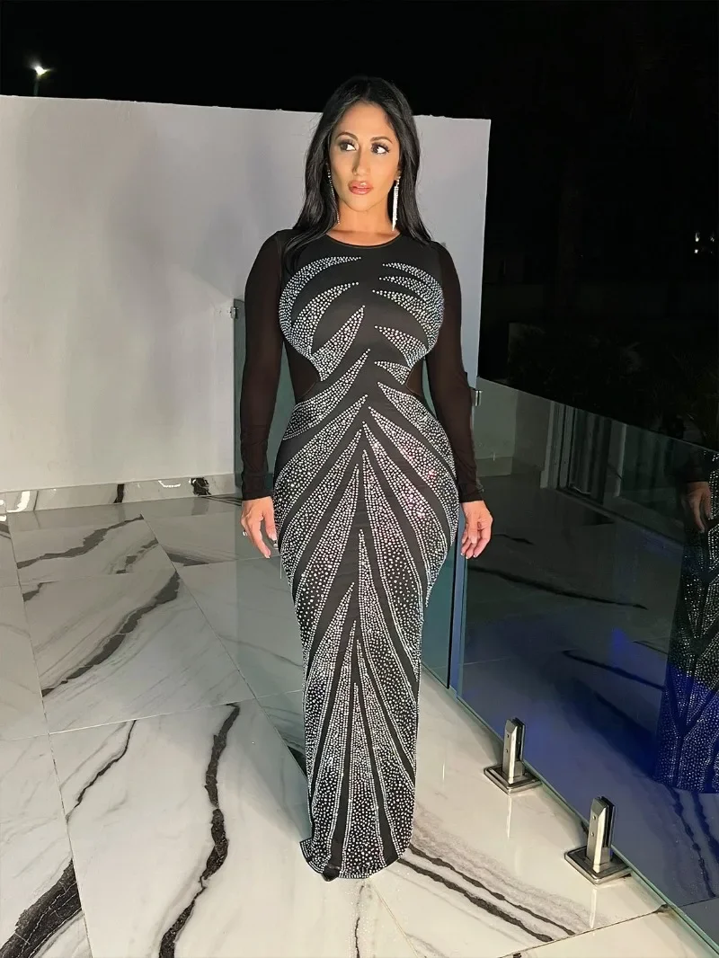 

KEXU Sexy Diamonds Rhinestone Party Evening Dresses Women Luxury Nightclub Birthday Back Mesh Sheer Mermaid Maxi Long Dress