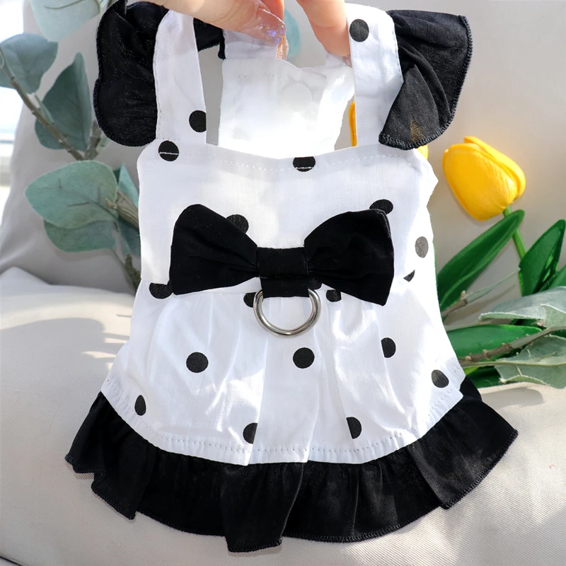 Pet Puppy Black Maid Dress Summer Breathable Dog Clothes Leashable Teddy Princess Skirt Boomerang Bowknot Clothes