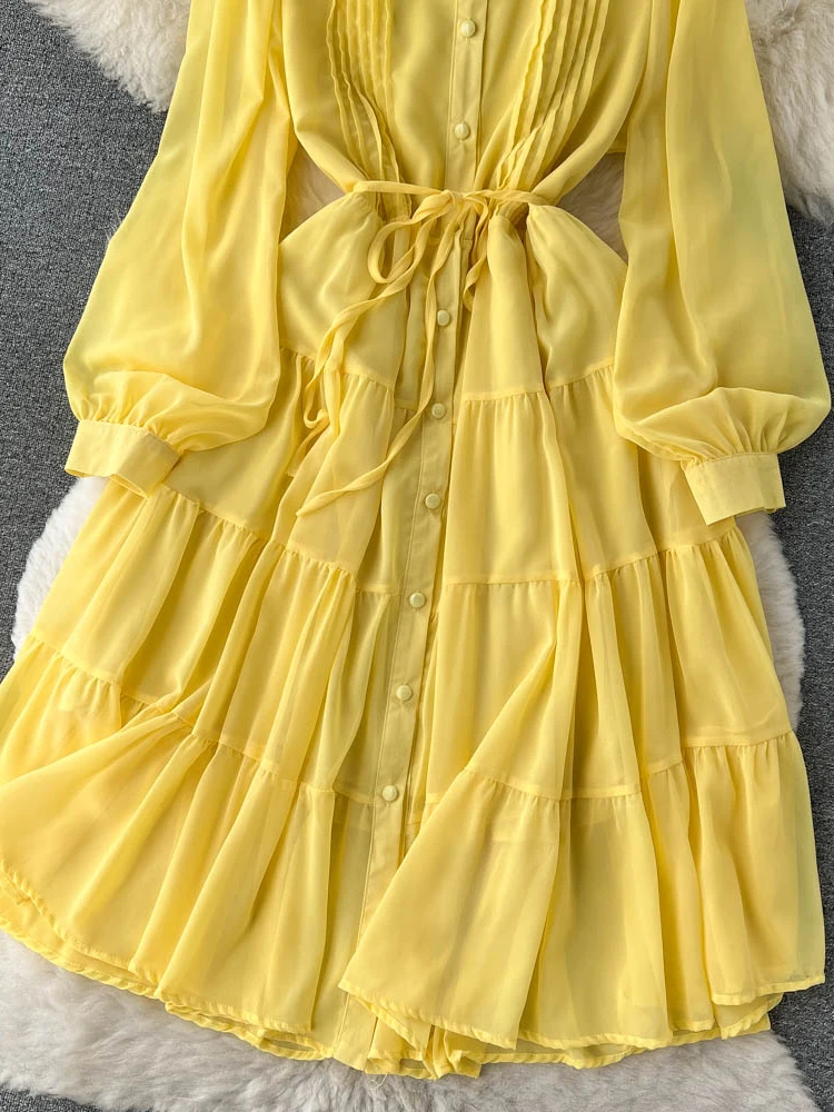 Spring Autumn Women Purple/Yellow/Blue Draped Chiffon Midi Dress Elegant Stand Collar Single Breasted Lantern Sleeve Vestido New