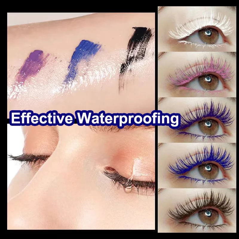 Mascara à friser naturel avec grande tête de brosse, imperméable, mince et longue durée, maquillage des yeux, blanc, violet, saphir, bleu, argent, café