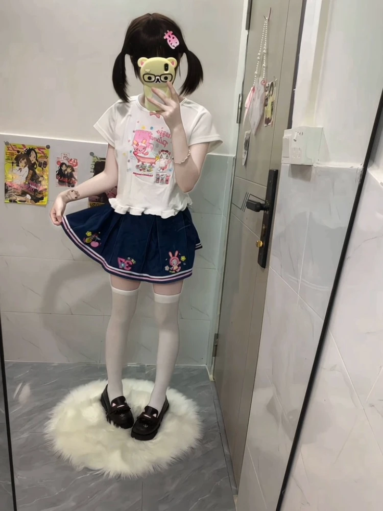 Japanese Kawaii Lolita Cute Denim Pleated Skirt Women Sweet Cartoon Rabbit Embroidery Short Skirt Harajuku Y2k Pretty Mini Skirt
