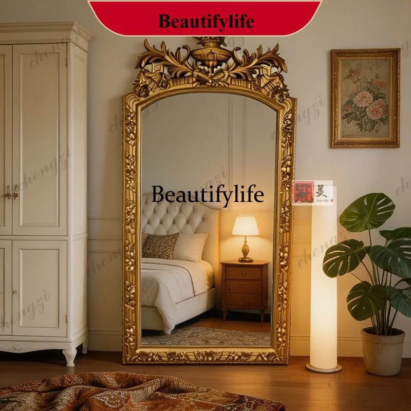 N178 French retro carved heavy industry full-length mirror American luxury floor-to-ceiling full-length mirror against the wall