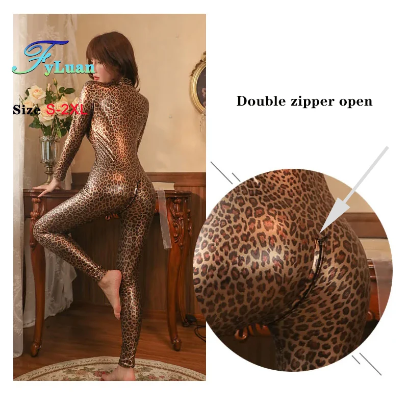 Double Zipper Women Open Crotch Bodysuit  Leopard Print Shiny PU Leather Catsuit Sexy Cosplay Clubwear Tights Jumpsuit Size 2XL