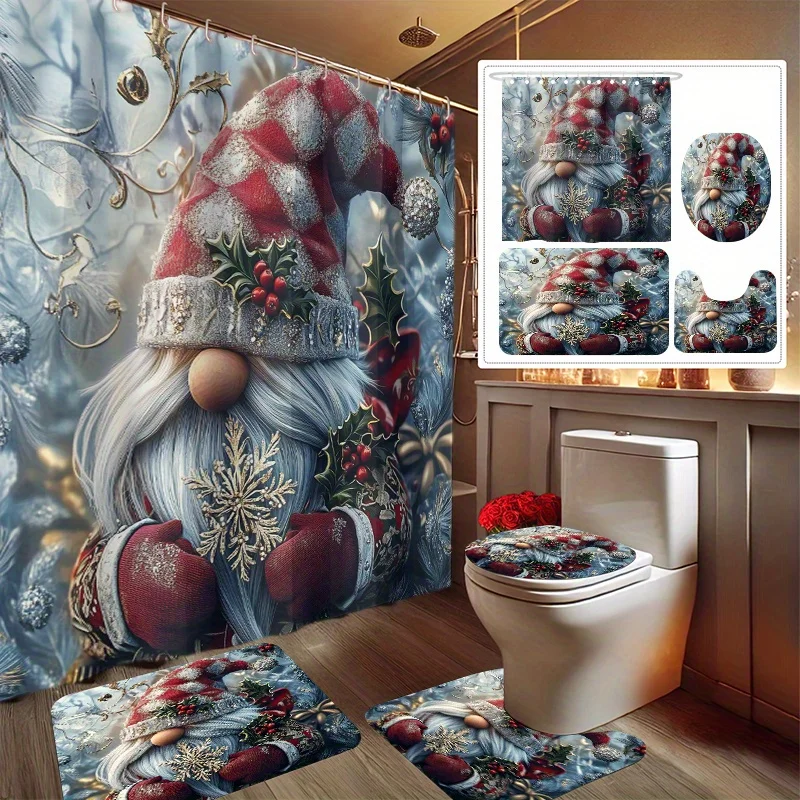 

4pcs Santa Claus Print Shower Curtain Set, Decorative Bathroom Set Includes Shower Curtain, Non-Slip Floor Mat, Toilet Seat