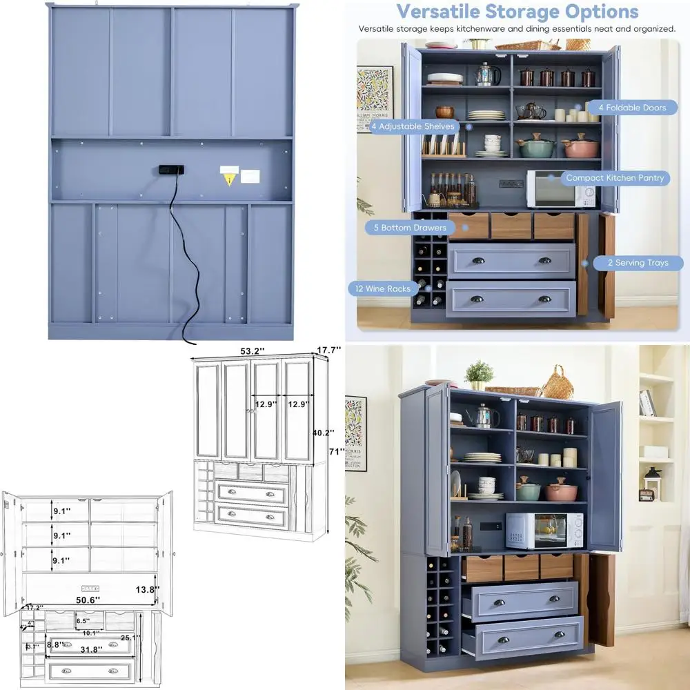 

71" H Tall Kitchen Pantry Cabinet with Outlet, ern Kitchen Hutch with Microwave Stand and Wine Racks, Large ood Pantry Storage C