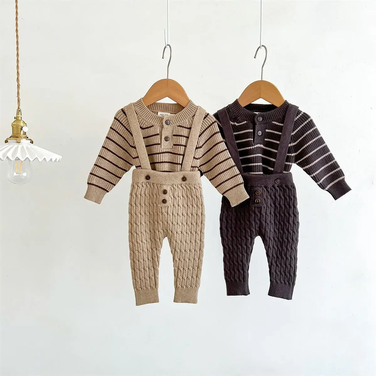 Herfst Gebreide Baby 'S Sets 2023 Korea Gestreepte Peuter Lange Mouwen Trui Gebreide Broek Pasgeboren Schouderband Broek