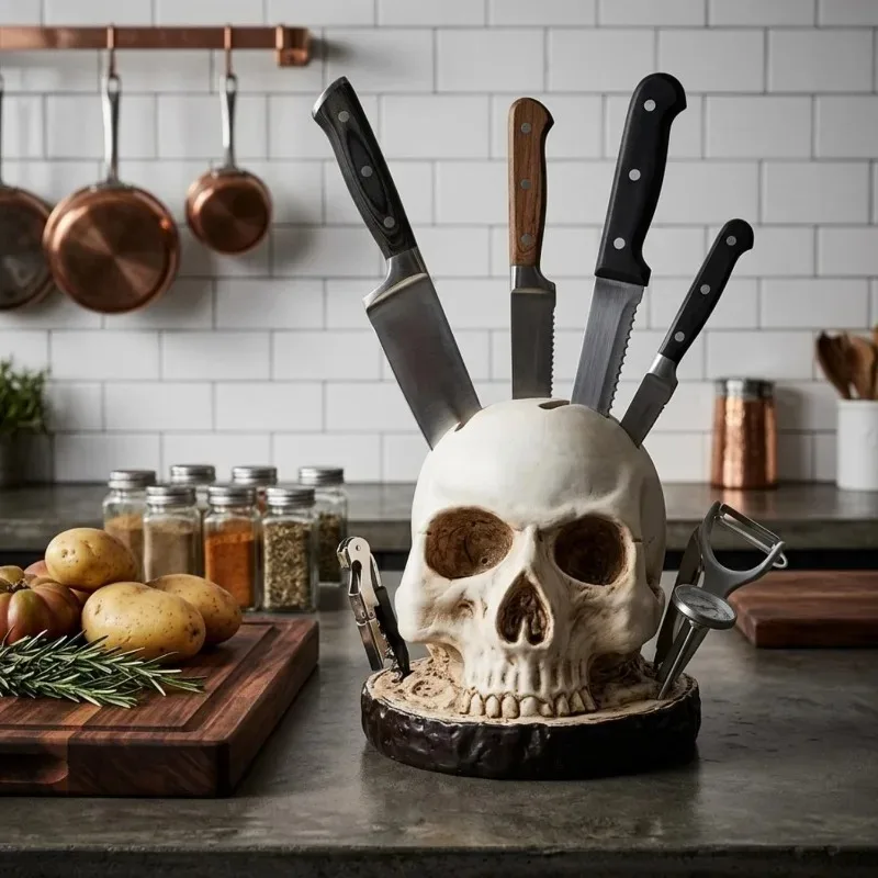 Realistic Skull Knife Block with Crack Texture for Kitchen Utensil Storage Halloween Decor Desktop Ornament Party Supply Gothic