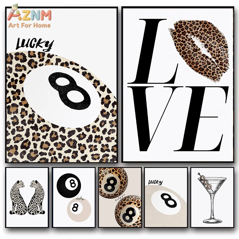 AZNM Leopard Print Lucky 8 Ball Canvas Wall Art, Trendy LOVE Lips Martini Glass Print, Frameless Modern Aesthetic Leopard Canvas