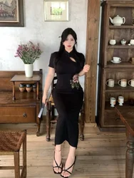 Plus Size Retro Chinese Cheongsam Floral Print Black Bodycon Qipao Dress High Slit Maxi Cheongsam Party Cocktail Long Dresses