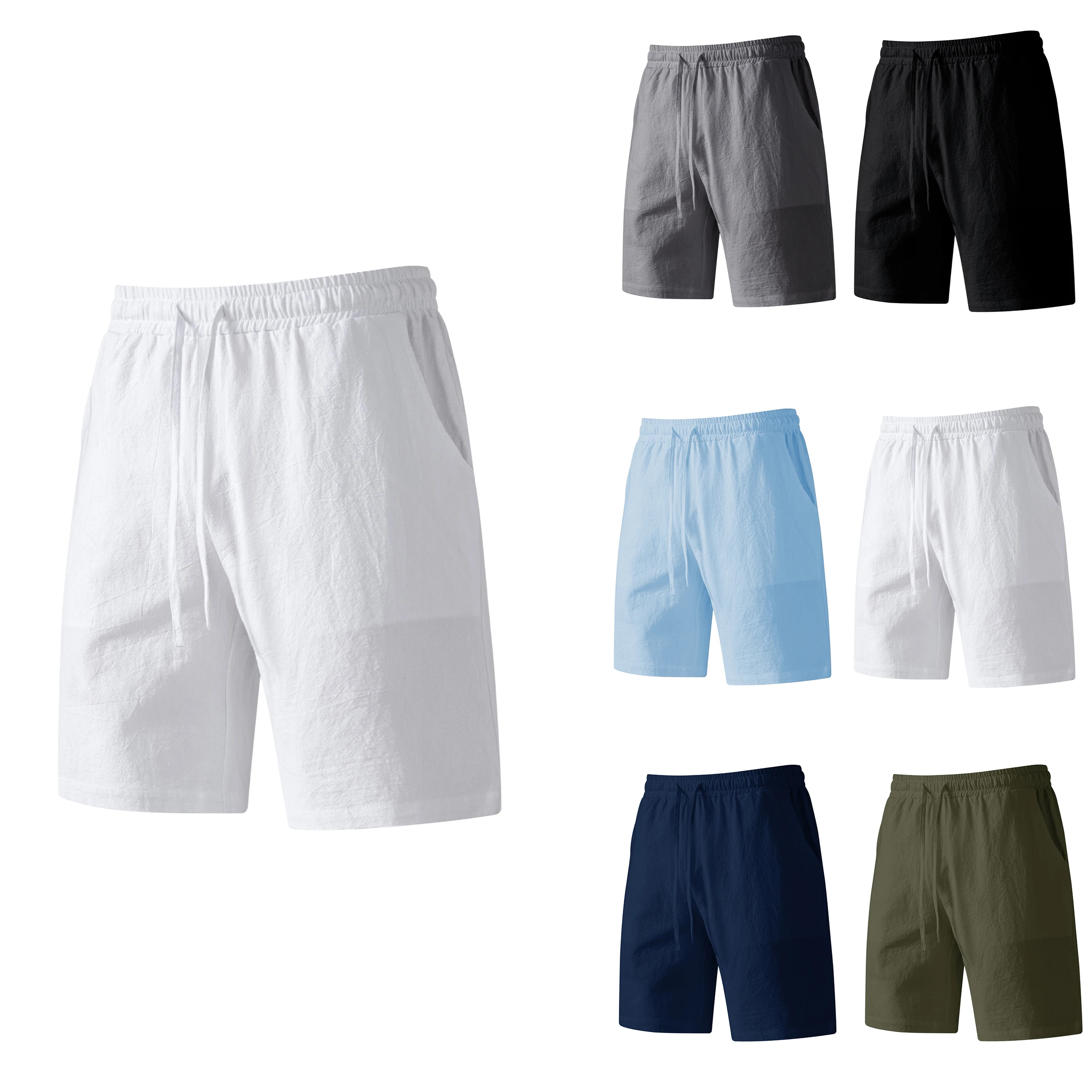 Nuevos pantalones cortos de verano para hombre con bolsillos y cordones Color sólido algodón y lino cómodos transpirables moda al aire libre transpirable