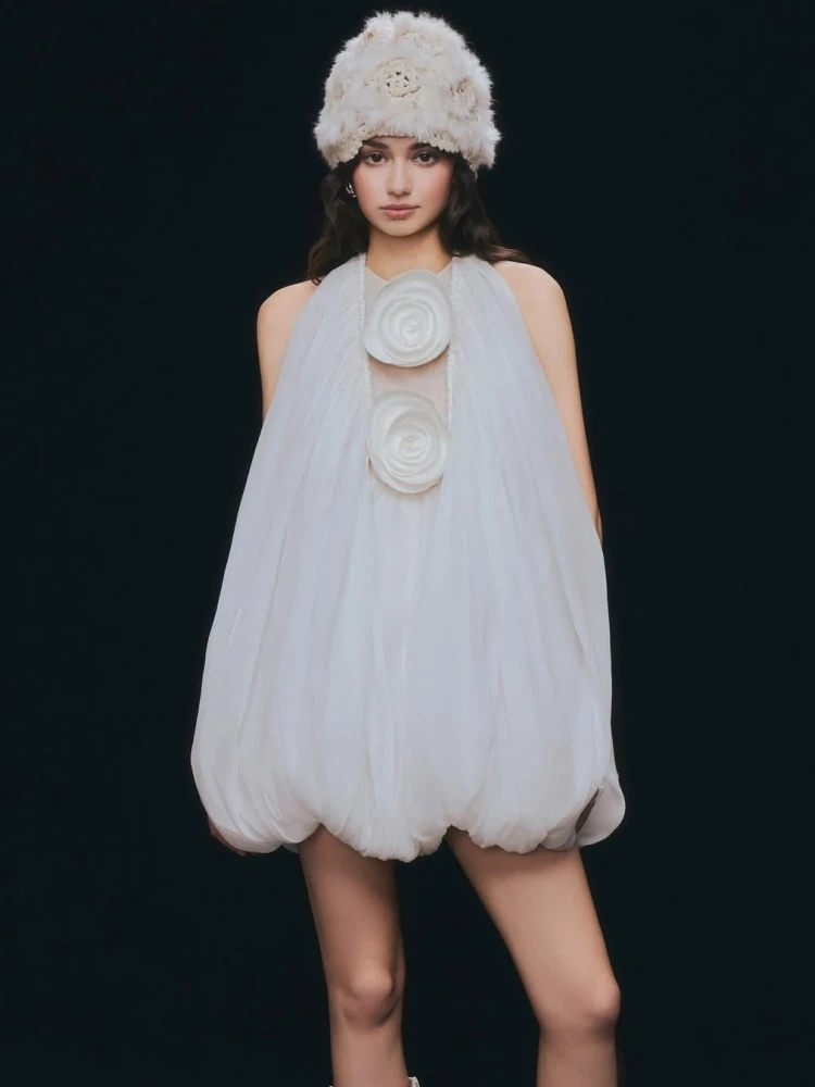 

2025 Sexy O Neck Flower Lace-up A-line Dress Women White Sleeveless Fluffy Mini Dresses Elegant Evening Party Gowns