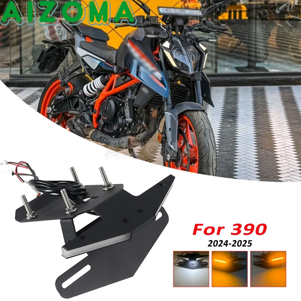 Motorcycle License Plate Holder For 390 2024 2025 Rear Number Plate Bracket Support Rear LED Turn Signal Light Fender Eliminator