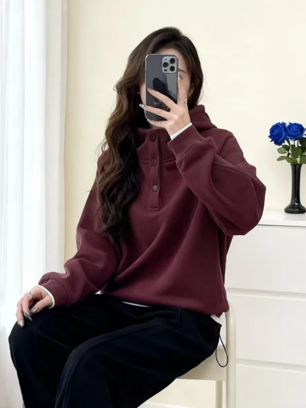 

Ele Purple Fce-Lined Hoodie Jaet Women's Autumn Winter plus Size Loose Warm Top Comfortable Korean Sle Long Sve