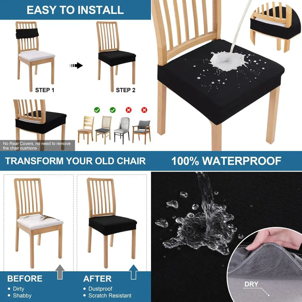 

Waterproof Seat Covers Set of 8, Stretchable Jacquard, Removable Washable, Dining Chair Slipcovers, No Rear Cover, Black
