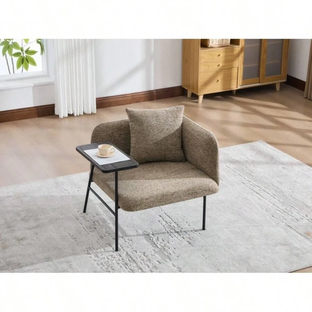 Leisure Chair with Small Table and Back Pillow, Modern Upholstered Single Sofa with Metal Legs and Side Pockets, Lounge Chair for Living Room Bedroom Garden, Compact Accent Seating with Cushion - view 7
