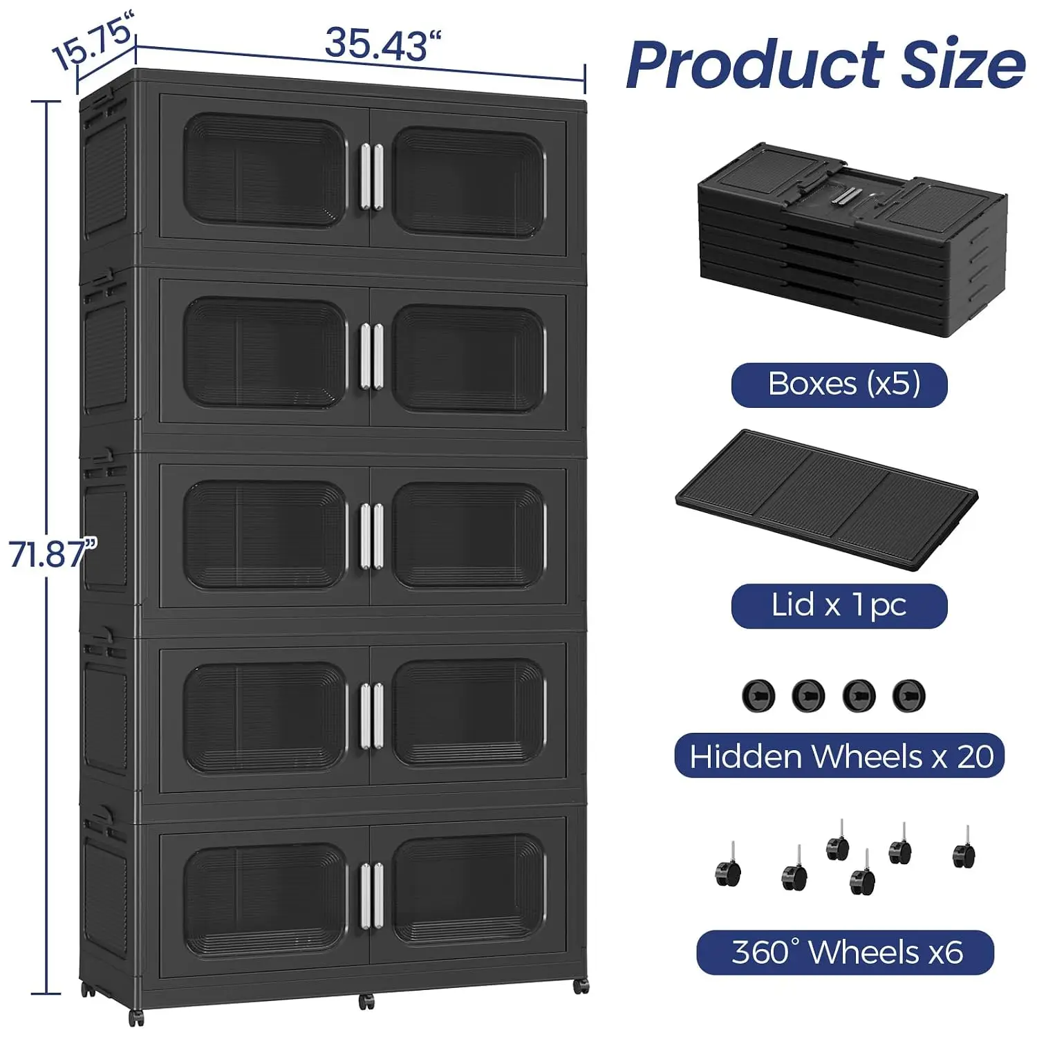 Extra Large Stackable Storage Bins with Lid & Wheels, 5-Tiers Collapsible Organizers for Home Bedroom, 250Gal, Black, Customized