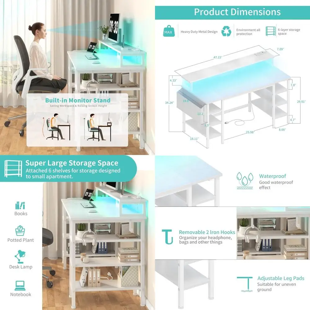 White Desk with Storage Shelves - 47 inch Home Oice Gaming Desk with Monitor Stand, Computer Desk with LED Lights and Power Outl