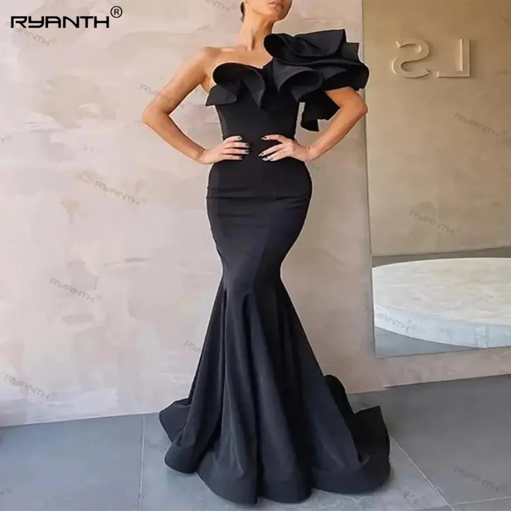 Elegant Mermaid Black Long Prom Dresses for Women Luxury Satin One-shoulder Simply Formal Party Celebrity Bridesmaid Gowns 2024