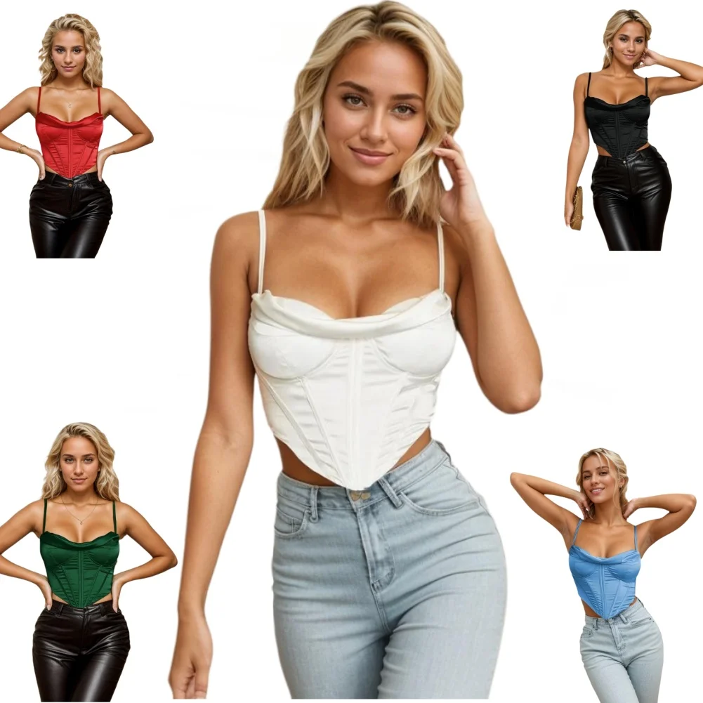 Satin Tops Women Summer Sexy Boned Bustier Spaghetti Straps Backless Zipper Padded 2Layer Crop Corset Streetwear Top