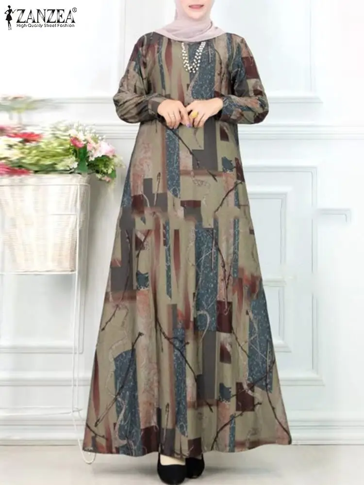 ZANZEA Casual A-line Abaya Vestidos Islamic Loose Holiday Women Maxi Dress Long Sleeve Vintage Printing Muslim Fashion Long Robe