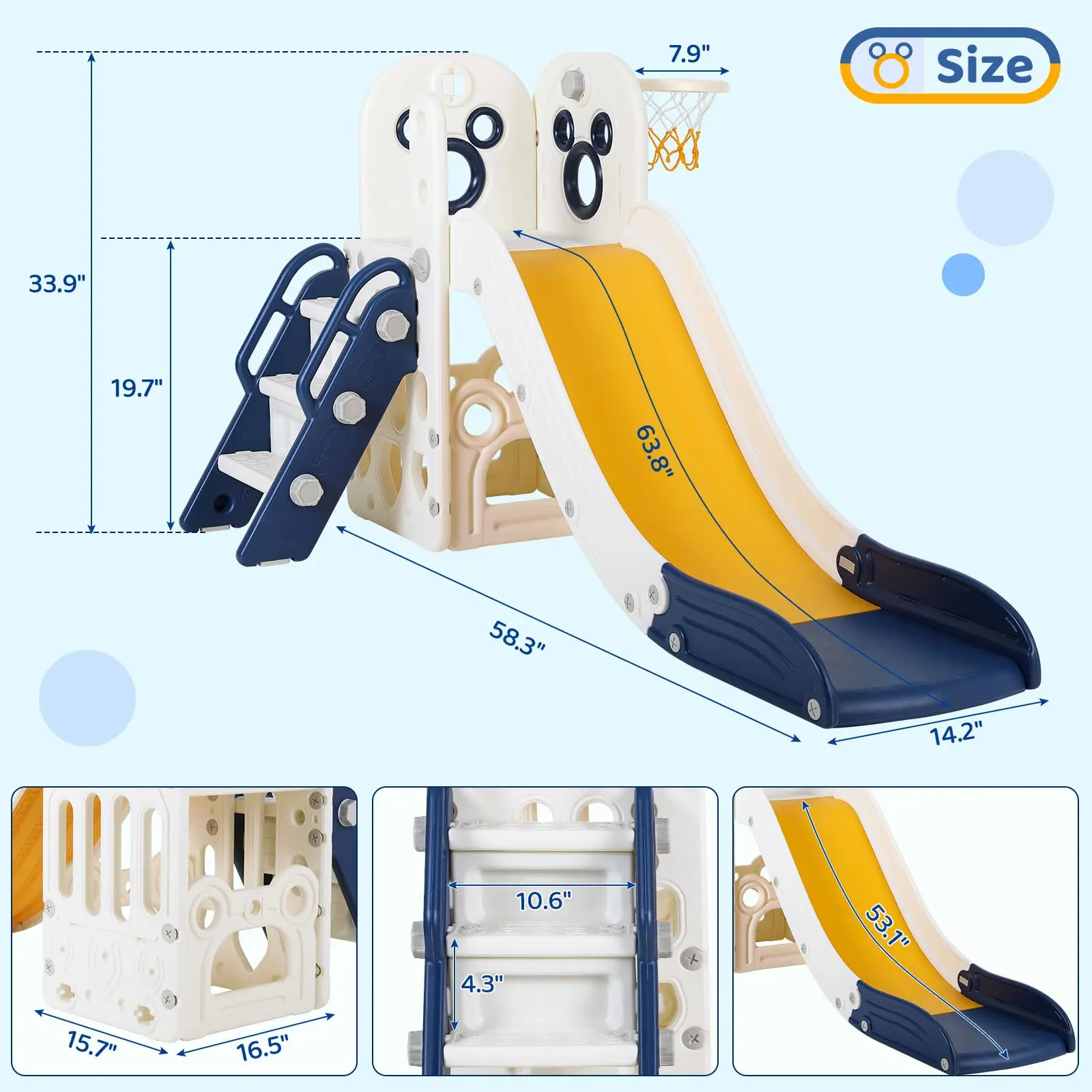 6 in 1 Toddler Slide Playset, Sturdy L-Shaped Climber with Basketball Hoop Indoor Outdoor Playground for Kids,Baby Activity Center view 2