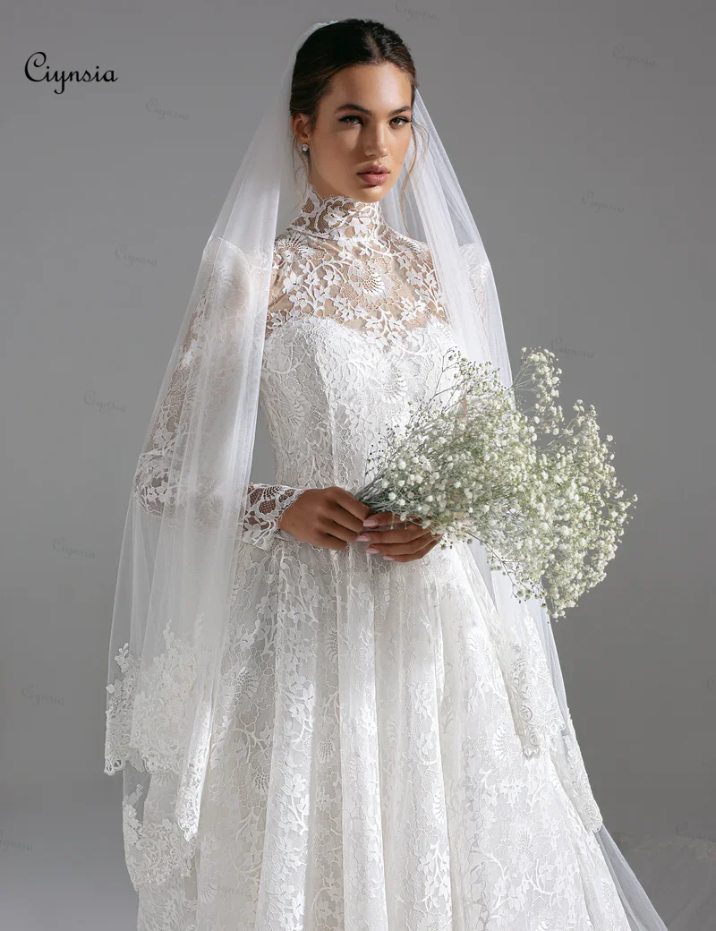 Ciynsia Customized lvory Lace Wedding Dresses for Bride 2026 New High Neck Full Sleeves A-Line Modest Bride Gowns with Veils