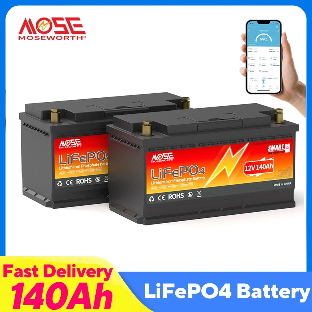 MOSEWORTH 2pcs 12V 140Ah LiFePO4 Lithium Battery Built-in 100A Bluetooth BMS Deep Cycle LiFePO4 Battery for Trolling Motor RV