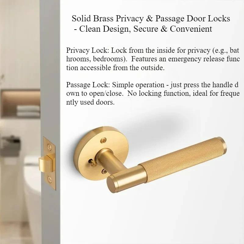 

Solid Brass Gold Knurled Privacy Door Lock Keyless Reversible Bathroom Bedroom Kitchen Door Lock Handle Set Passage Latch