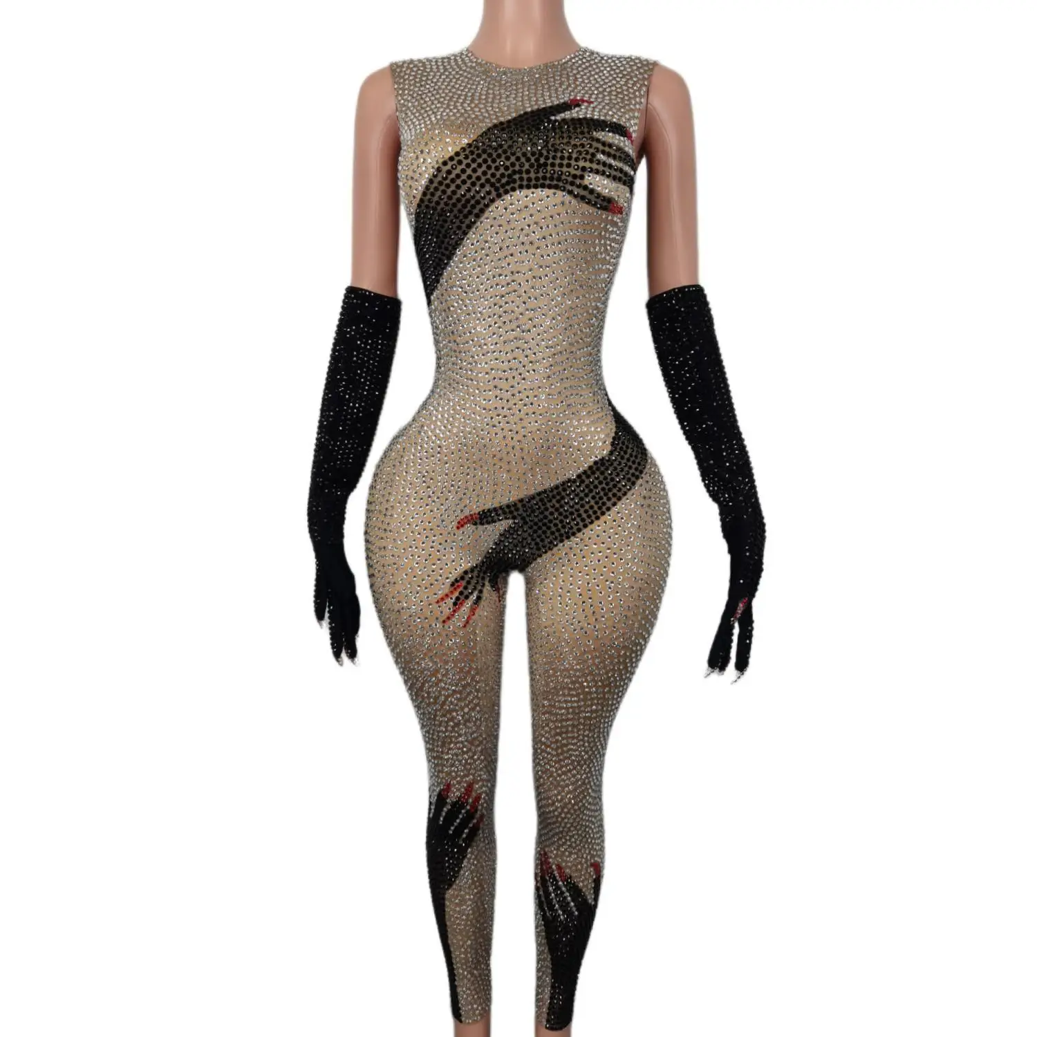 

Sexy Shiny Rhinestone Women Jumpsuit Gloves Pole Dancing Costume Party Carnival Outfit Drag Queen Performance Bodycon Rompers