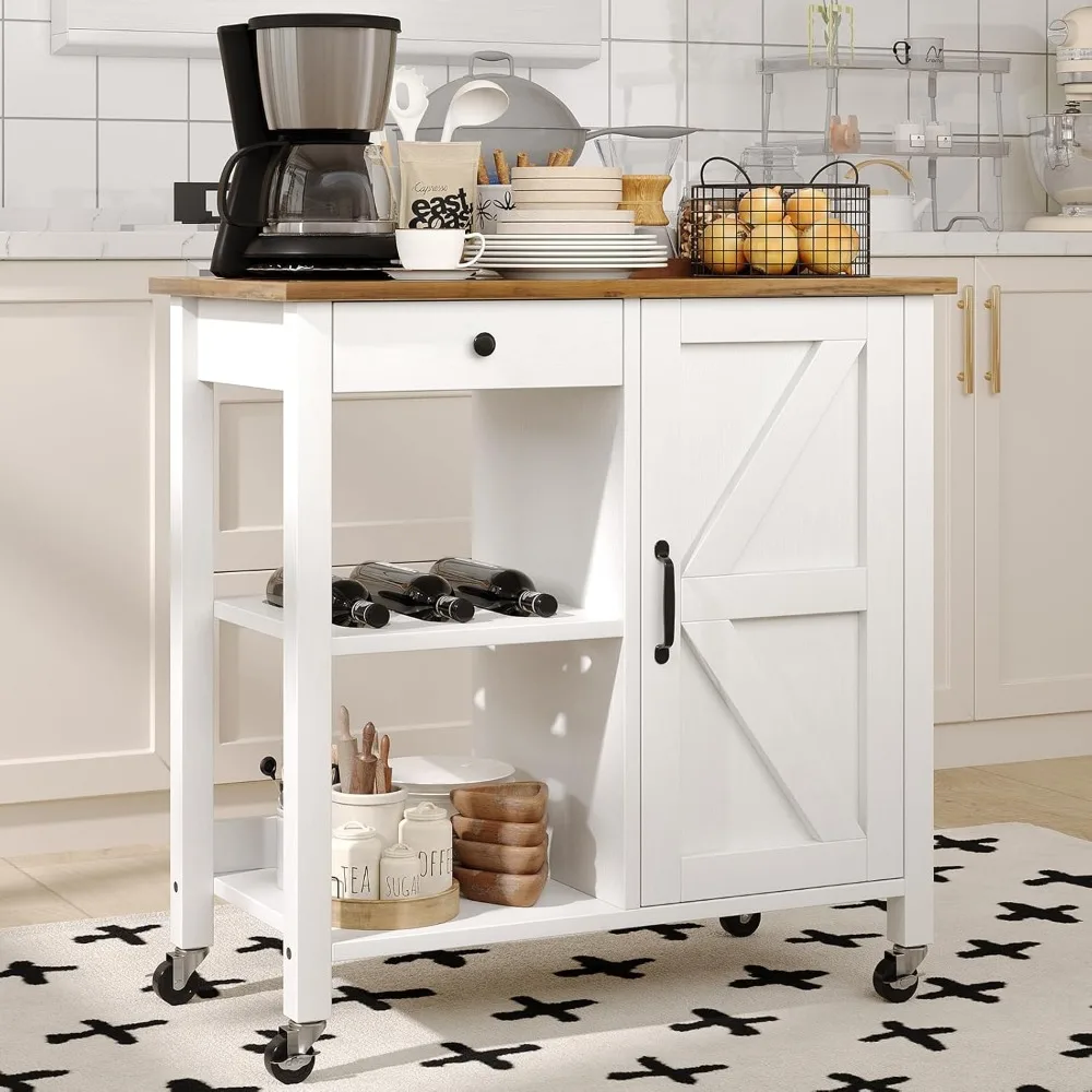 

Farmhouse Kitchen Island Cart with Storage, Rolling Portable Bar cart with Wine Rack,Small Size Islands Cart on Wheels for Kitc