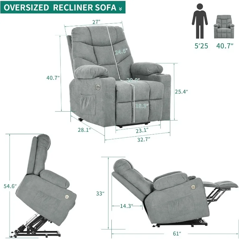 Silla reclinable de elevación eléctrica para ancianos, sillón reclinable de tela con masaje y calor, asiento espacioso, puertos USB