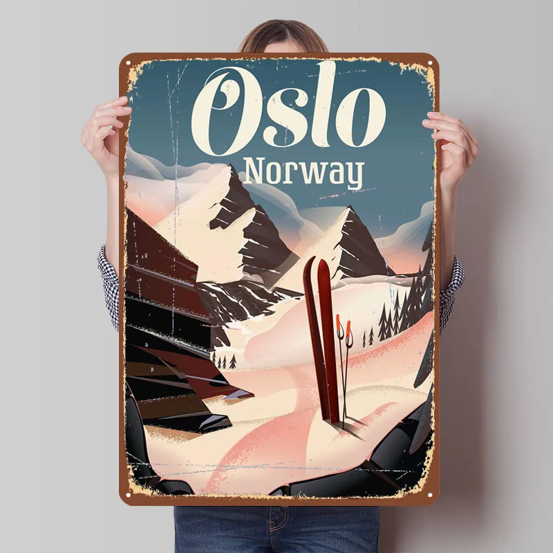 Осло Норвегия Лыжная жесть Таблички Катание на лыжах Плакат Винтажное украшение интерьера Гостиная Металлическая вывеска на заказ для настенного художественного украшения