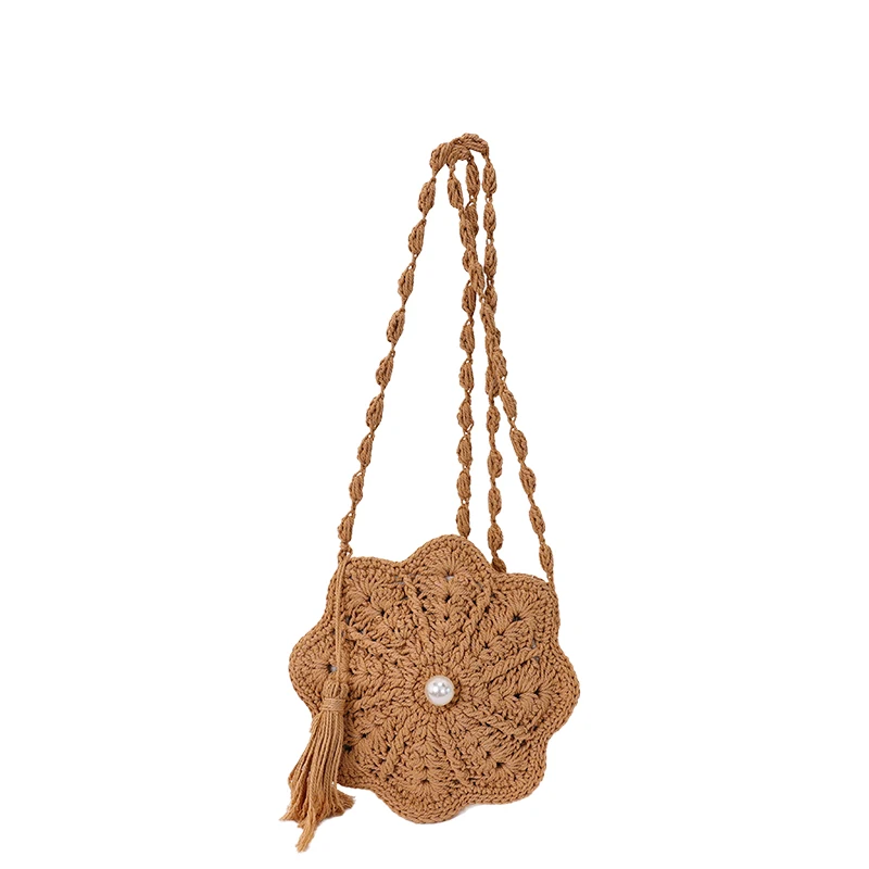 

Summer New Flower Shaped Crochet Straw Crossbody Bags Hot Sale Tassel Pearl Vacation Bags Handmade Woven Youth Shoulder Purse