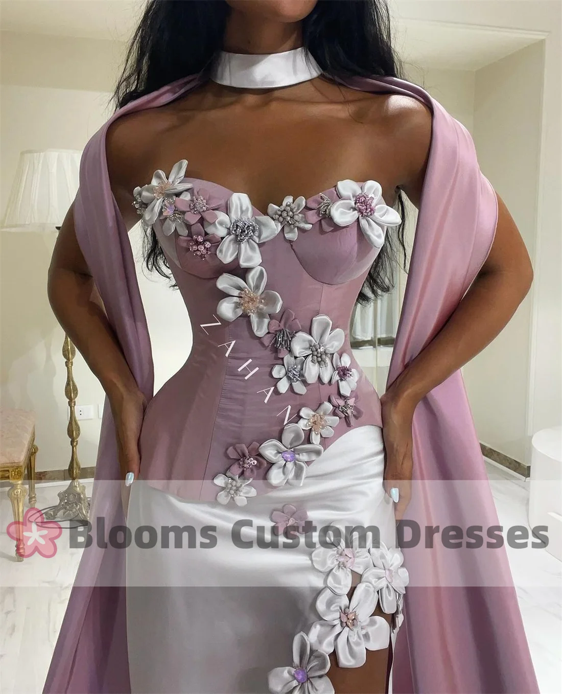 Customized Handmade Flowers Gorgeous Shawl Evening Dresses For Formal Occasion Satin Beaded Party Gown 2024 Luxury Prom Dress