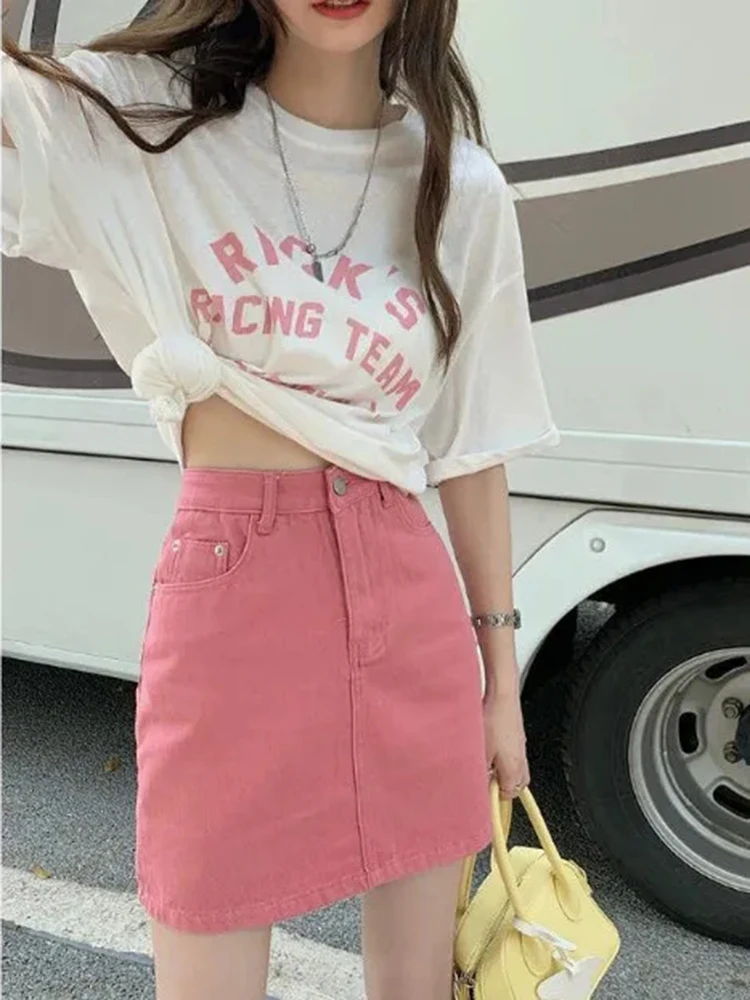 JMPRS Süße Rosa Frauen Denim Röcke Hohe Taille Student EINE Linie Koreanische Feste Mini Rock Kausalen Sommer Vintage Damen Jeans rock