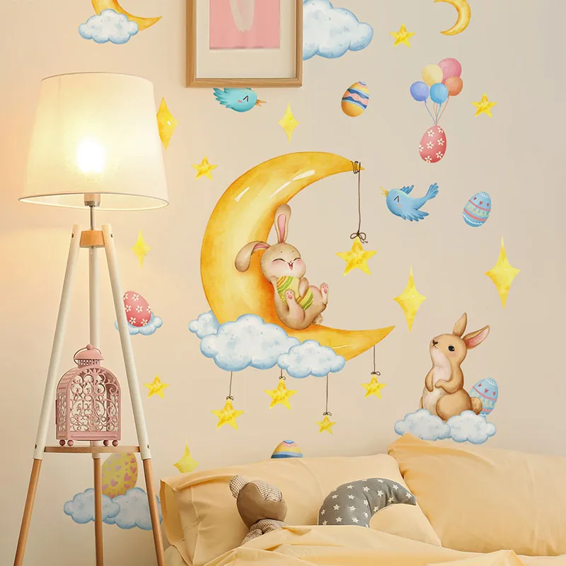 1 ชิ้นการ์ตูนอีสเตอร์ไข่ดวงจันทร์กระต่ายดาวสติ๊กเกอร์ติดผนัง ทําจากวัสดุพีวีซี กันน้ํา นํากลับมาใช้ใหม่ได้ เหมาะสําหรับห้องนั่งเล่น
