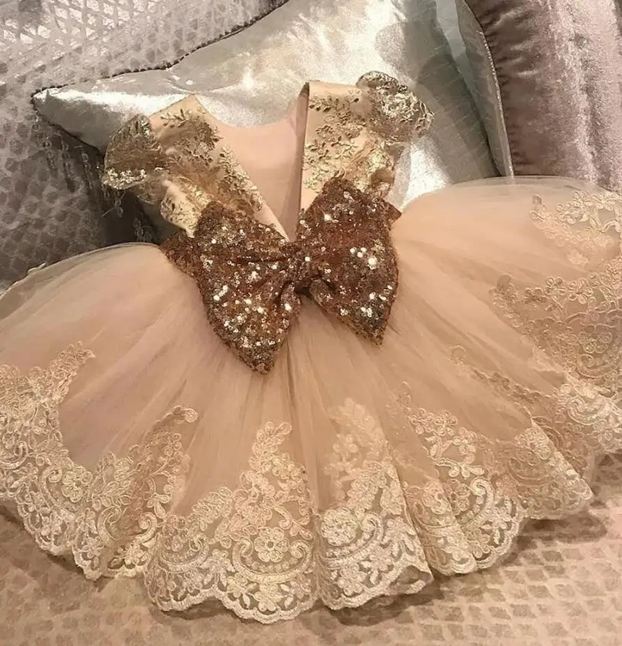 

Gold Lace Tulle Flower Girl Dress Sequin Bow Cute Baby Girl Dress Tutu Outfit Kid Birthday Party Dress First Communion Dress