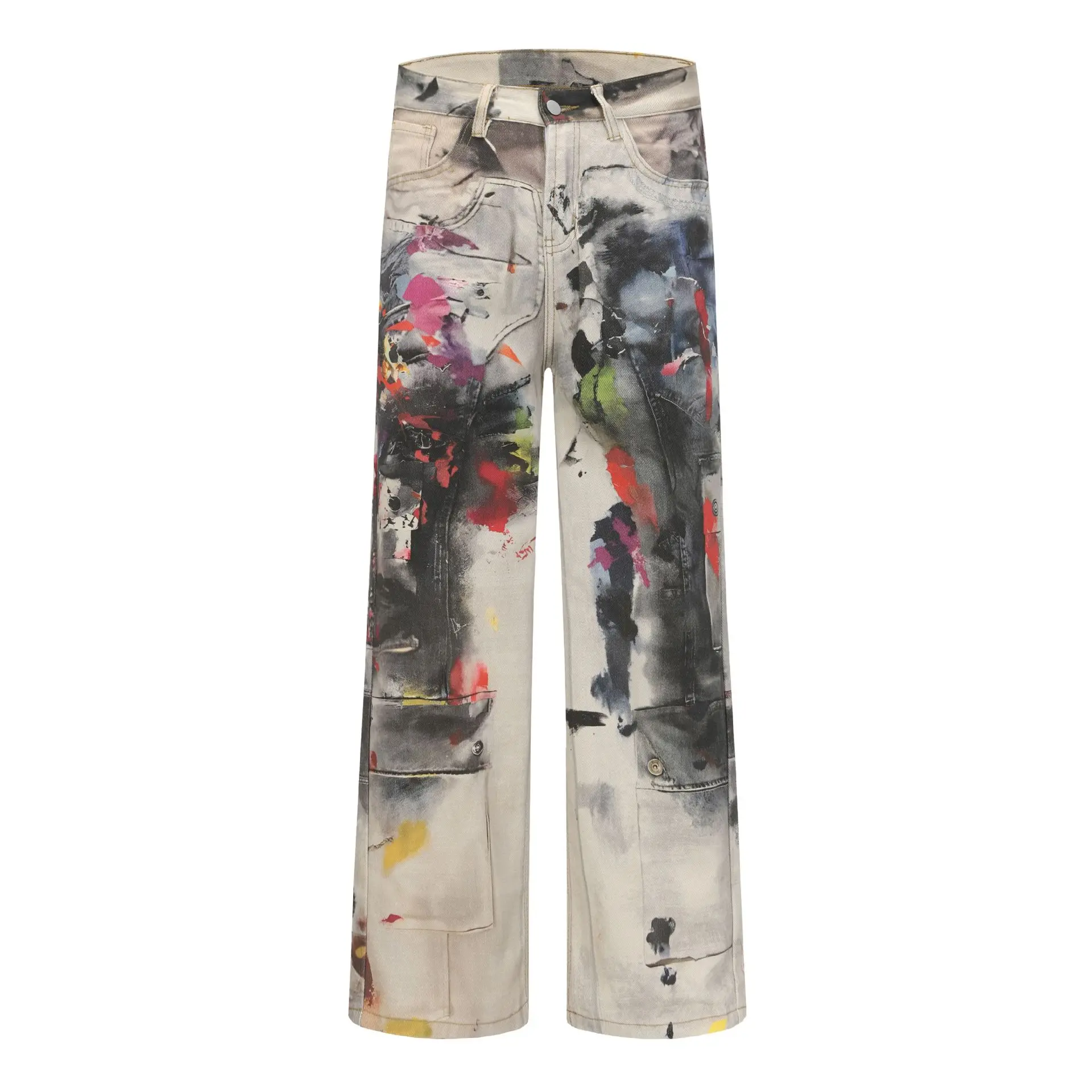 Men's High Street Graffiti Jeans Pants Loose Fit Vibe Style Y2K Denim Trousers Streetwear Painted Washed Jeans Printed Graffy