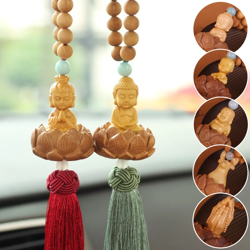 

New Car Safe Driving Pendant Creative Wood Carving Buddha Decoration Rearview Mirror Tassel Hanging Car Interior Accessories