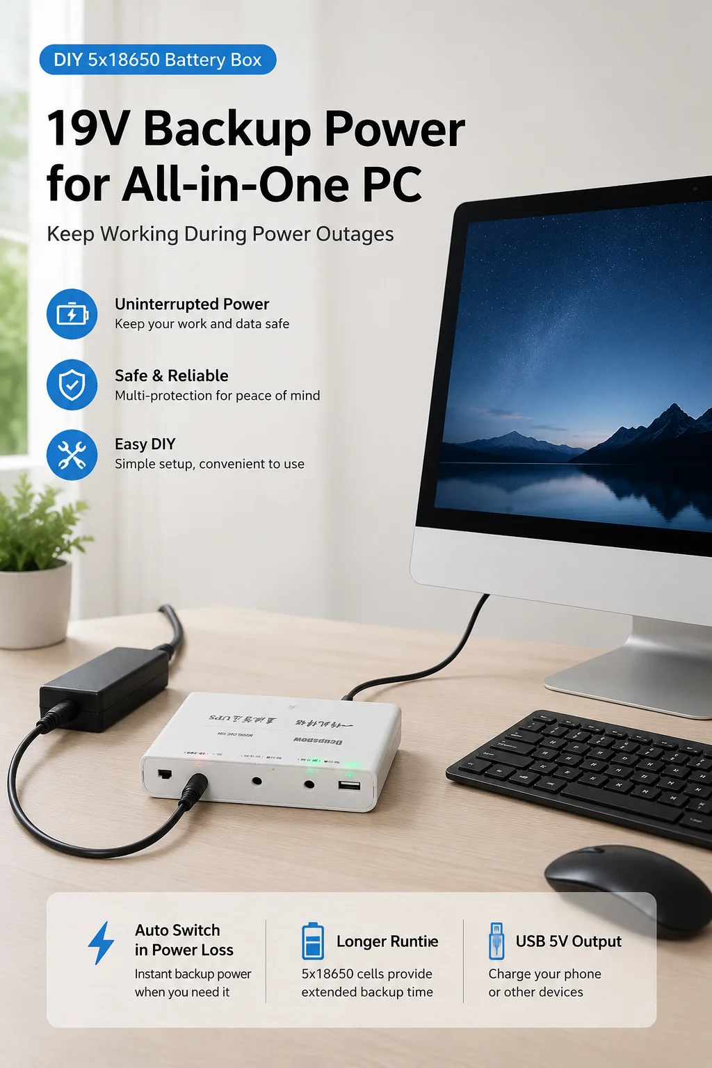 AIO PC Emergency Power Supply Case for 5pcs 18650 Cells, DIY DC UPS Box with Stable 19V & 20V Dual Output - view 2