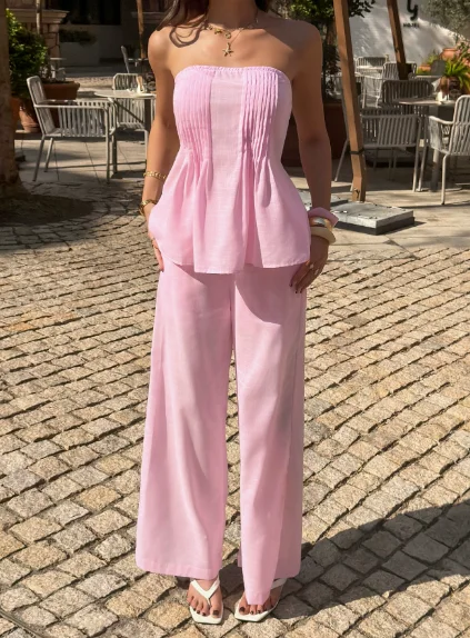 

Two Piece Set Women Outfit 2026 Spring Summer New Strapless Backless Slim Fit Top & High Waist Casual Straight Leg Pants Set