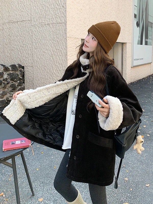 여성용 코듀로이 다운 재킷 중간 길이 플러피 벨벳 패딩 코트 겨울 패션 한국 스타일 슬림 아우터웨어