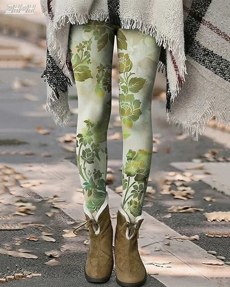 Women's Leggings Vintage Flower Printed Outdoor Trousers Polyester Spandex Stretch Elastic Waist,Control Fall Winter Streetwear