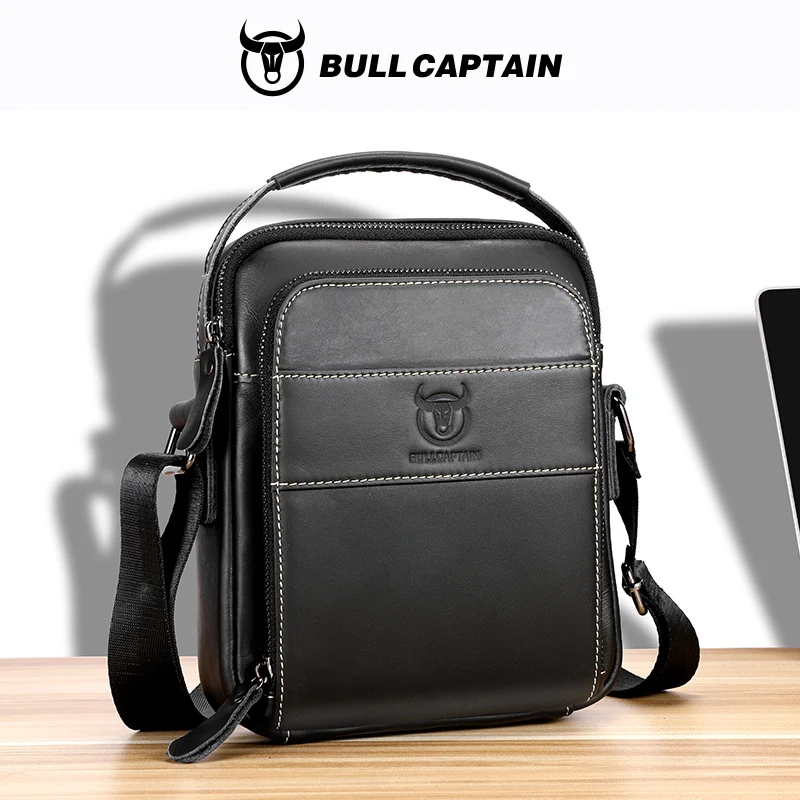 bullcaptain Cowhide Men's One Shoulder Oblique Span Small Bag Retro Style Vertical Square Wrap Head Layer Cowhide Men's Bag