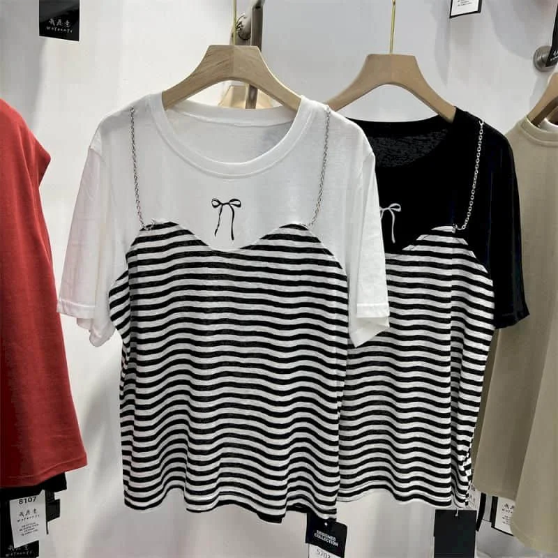 

O-neck T-shirts for Women Patchwork Fake Two Pieces Tops Oversized Casual Korean Style Short Sleeve Large Size Aesthetic Clothes